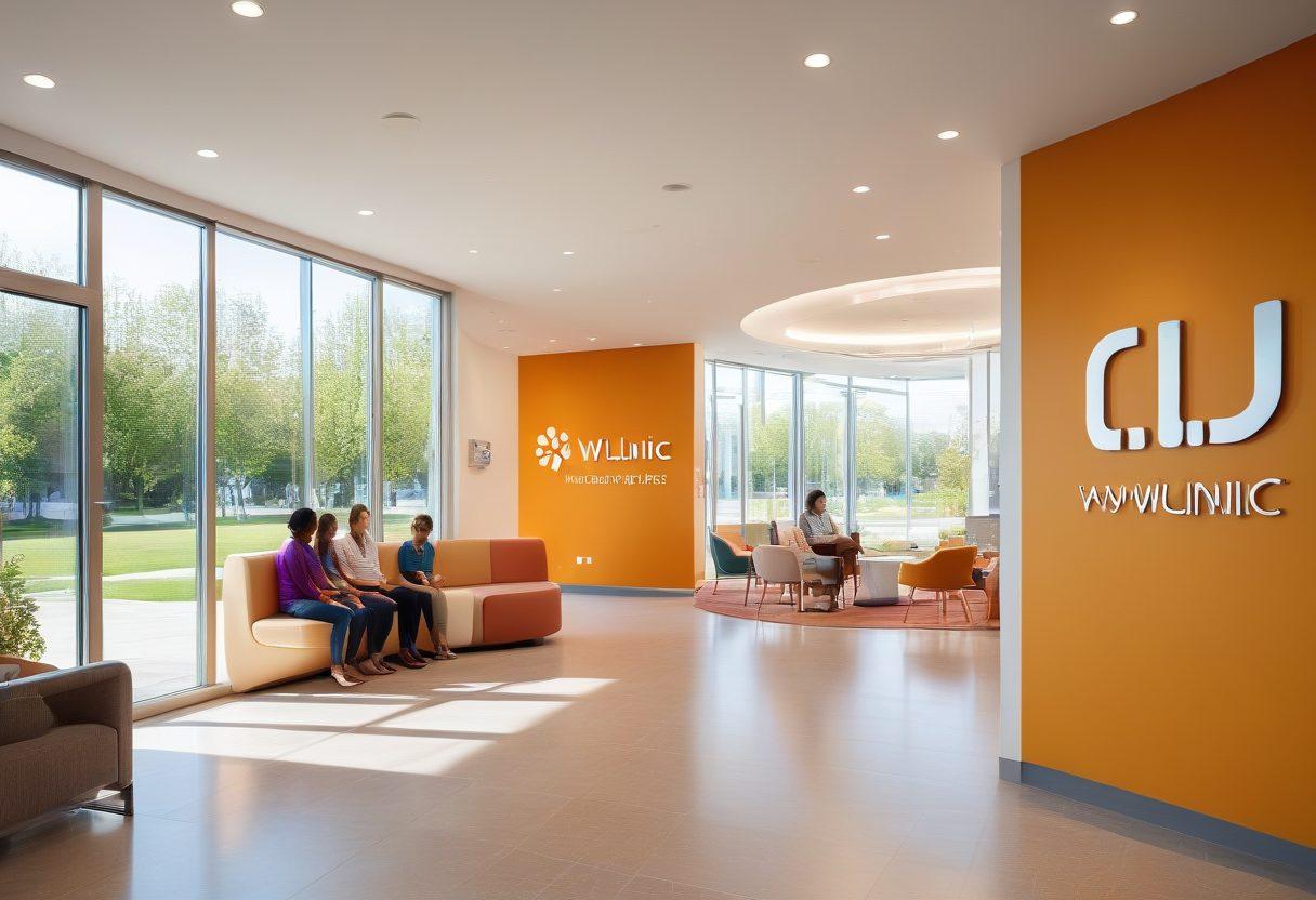A compassionate doctor warmly greeting a diverse family at the entrance of a modern clinic, with the clinic's logo 'MWUClinic' clearly visible. The waiting area is filled with smiling patients interacting positively, reflecting a welcoming and inclusive environment. Use bright, inviting colors with a touch of natural sunlight streaming through large windows. super-realistic. vibrant colors.