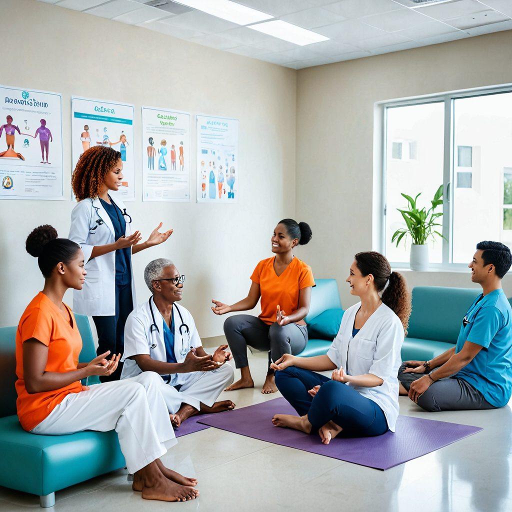 A bustling modern clinic with a caring doctor interacting with smiling patients of diverse ages and backgrounds, some undergoing routine checkups, while others are engaging in wellness activities like yoga and nutrition counseling. Bright, welcoming environment with clean, sleek design and informative posters on preventive care. Super-realistic. Vibrant colors. White background.