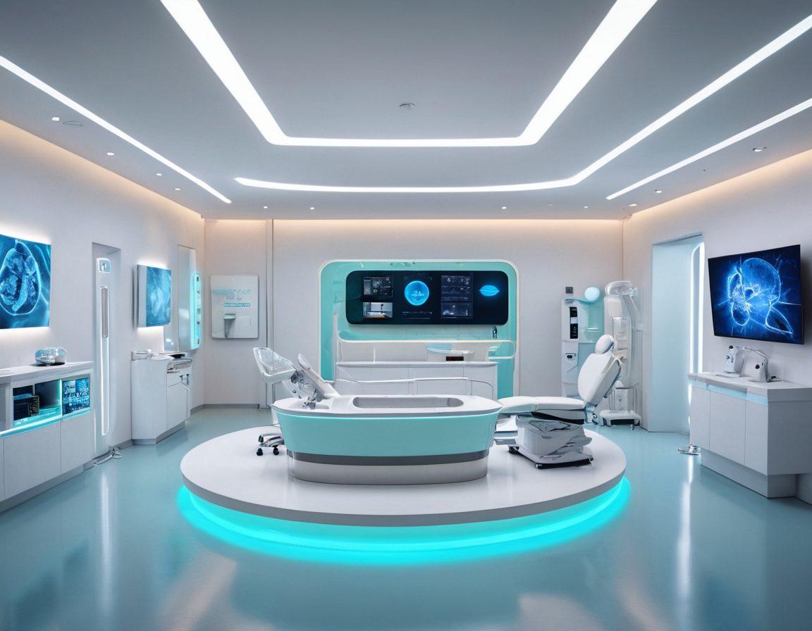 A cutting-edge medical clinic with modern technology, compassionate doctors and wellness experts interacting with diverse patients, showcasing a holistic approach. The scene should illustrate state-of-the-art medical equipment, a tranquil wellness area, and a welcoming, innovative environment. Super-realistic. Vibrant colors. Professional atmosphere.